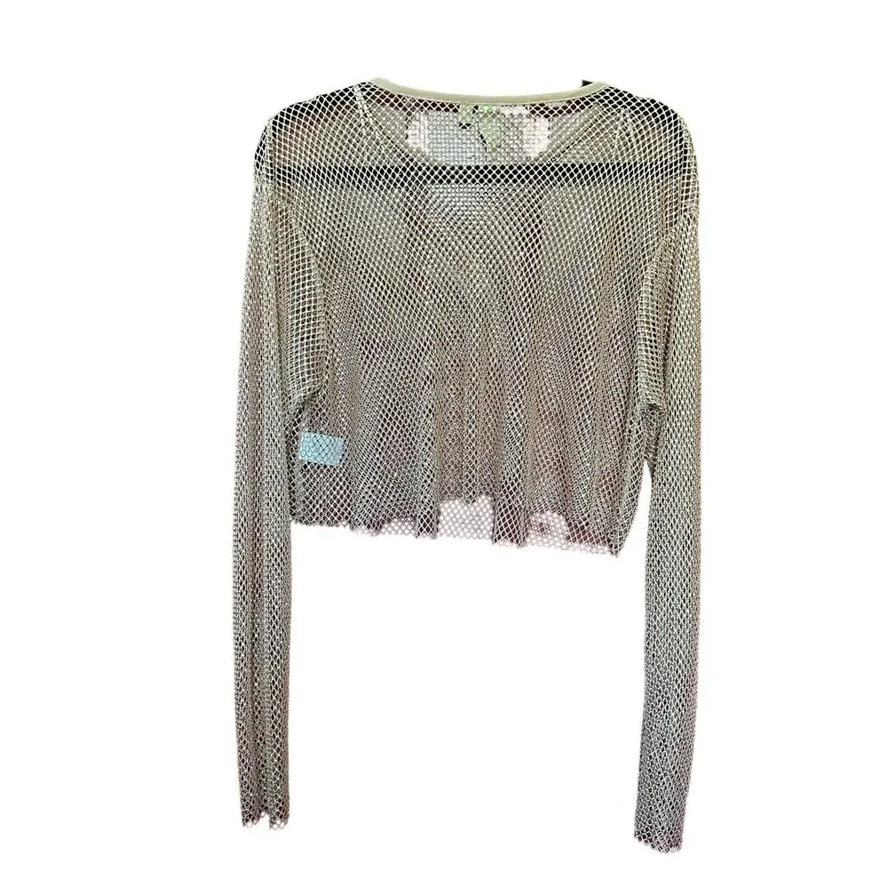 Anthropologie Metallic Mesh Sheer Cropped Long Sleeve Party Top M Layering glitz - Picture 6 of 11